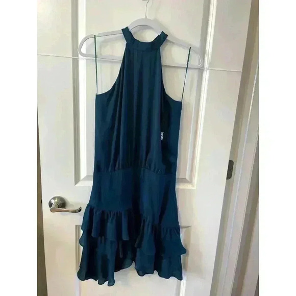 NWT Krisa Halter Asymmetrical Ruffle Mini Dress Teal Green Size Small - Picture 3 of 9